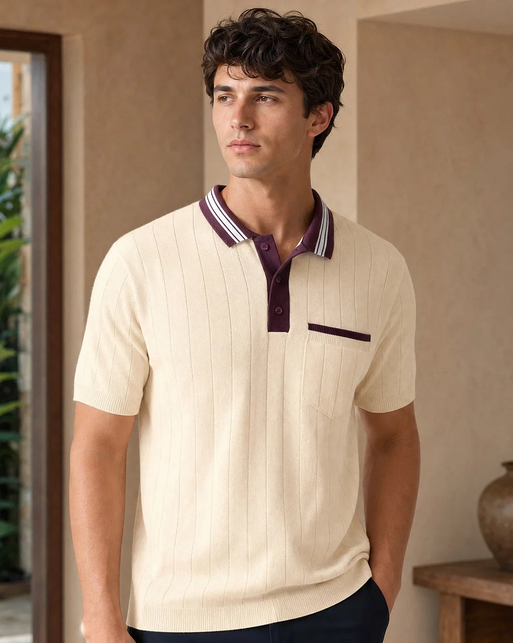 Contrast Collar Textured Polo T-Shirt