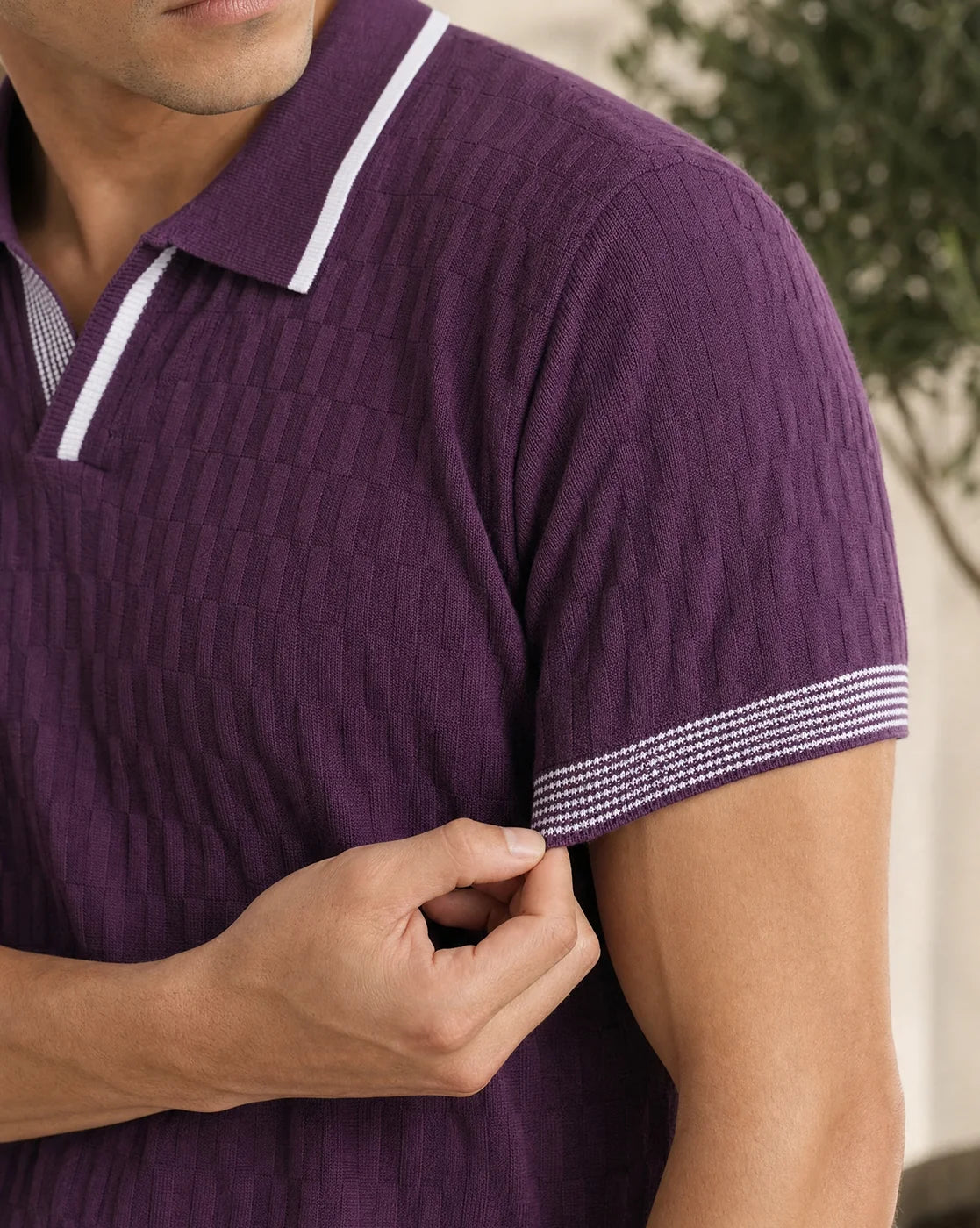 Grid Knit Textured Polo T-Shirt