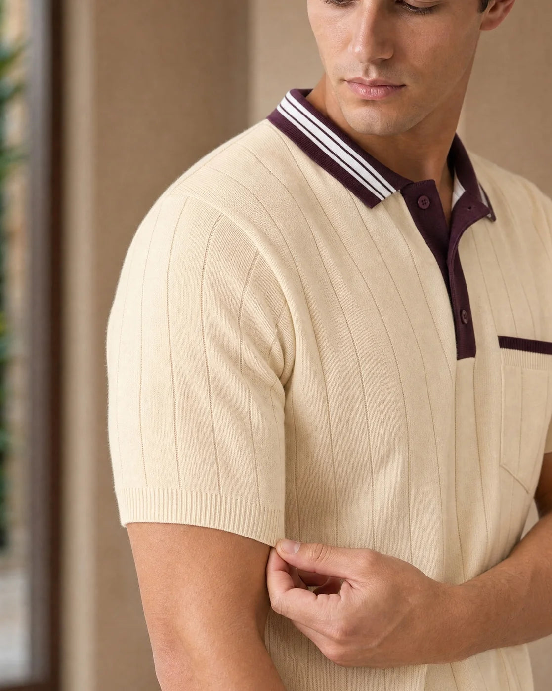Contrast Collar Textured Polo T-Shirt