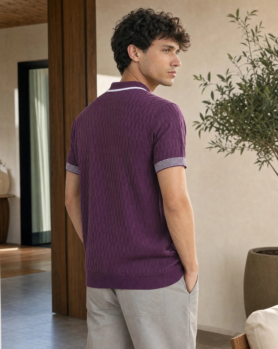 Grid Knit Textured Polo T-Shirt