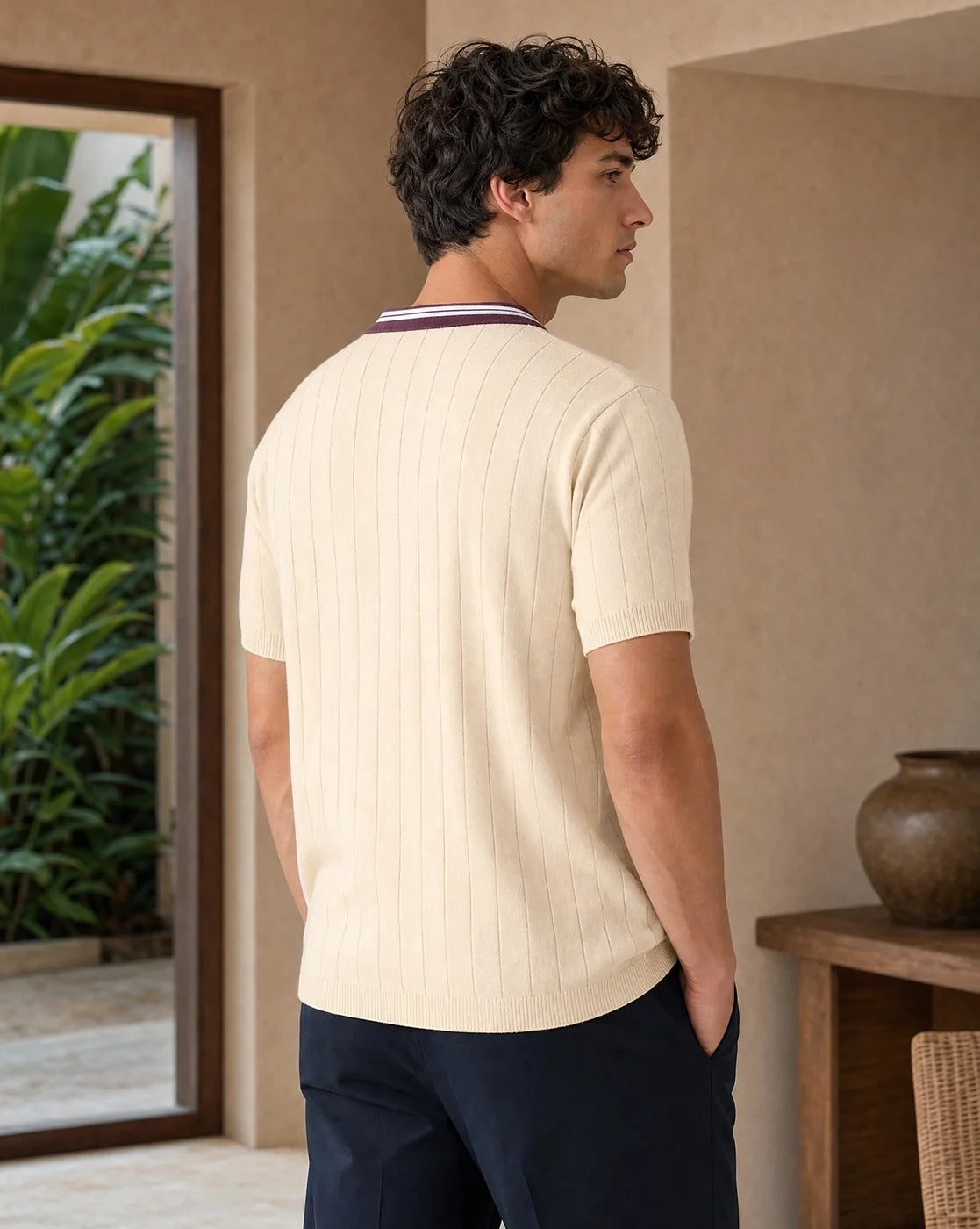 Contrast Collar Textured Polo T-Shirt